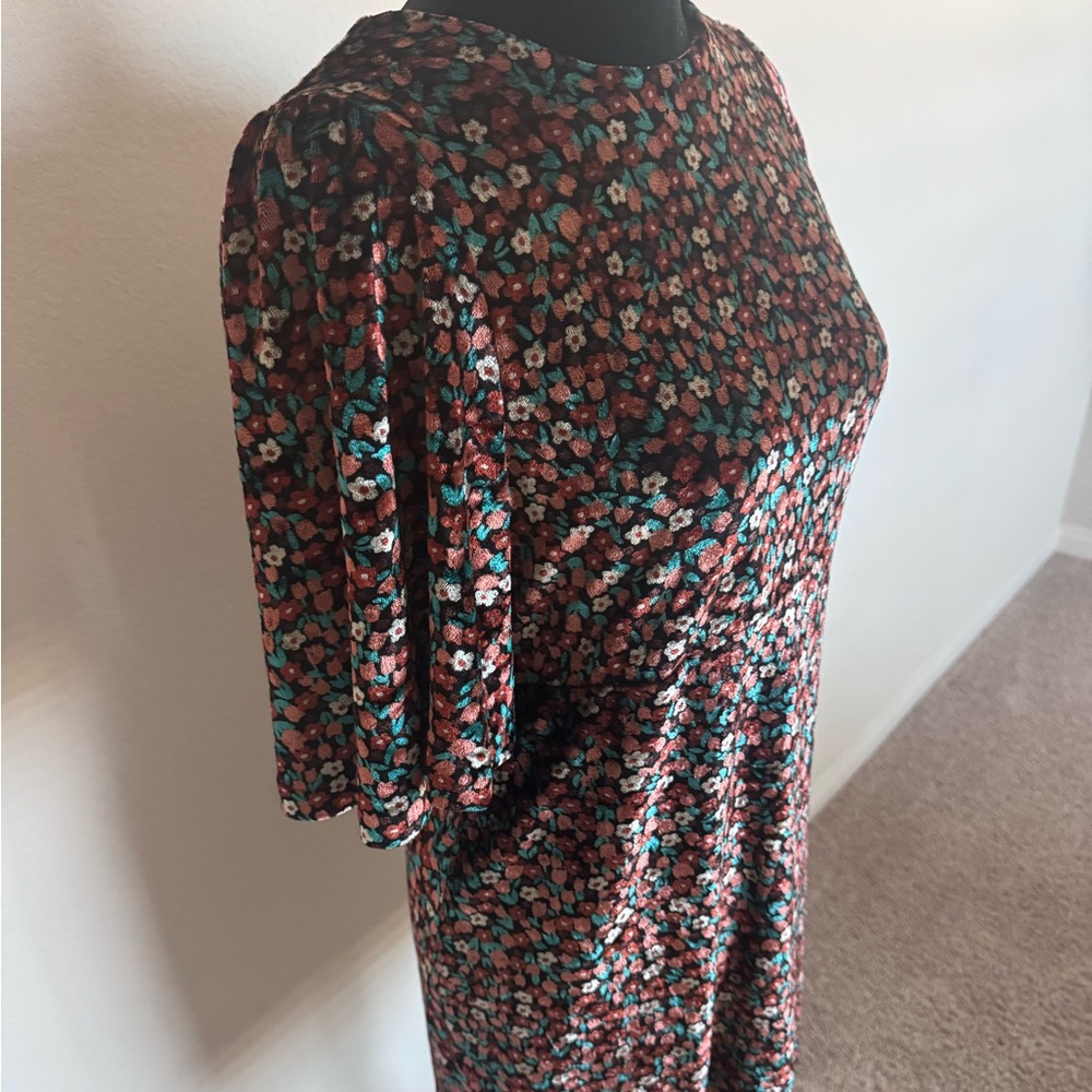 Zara Women Velvet Floral Shift Dress XS | Thigh Length Bell Sleeve Retro Boho